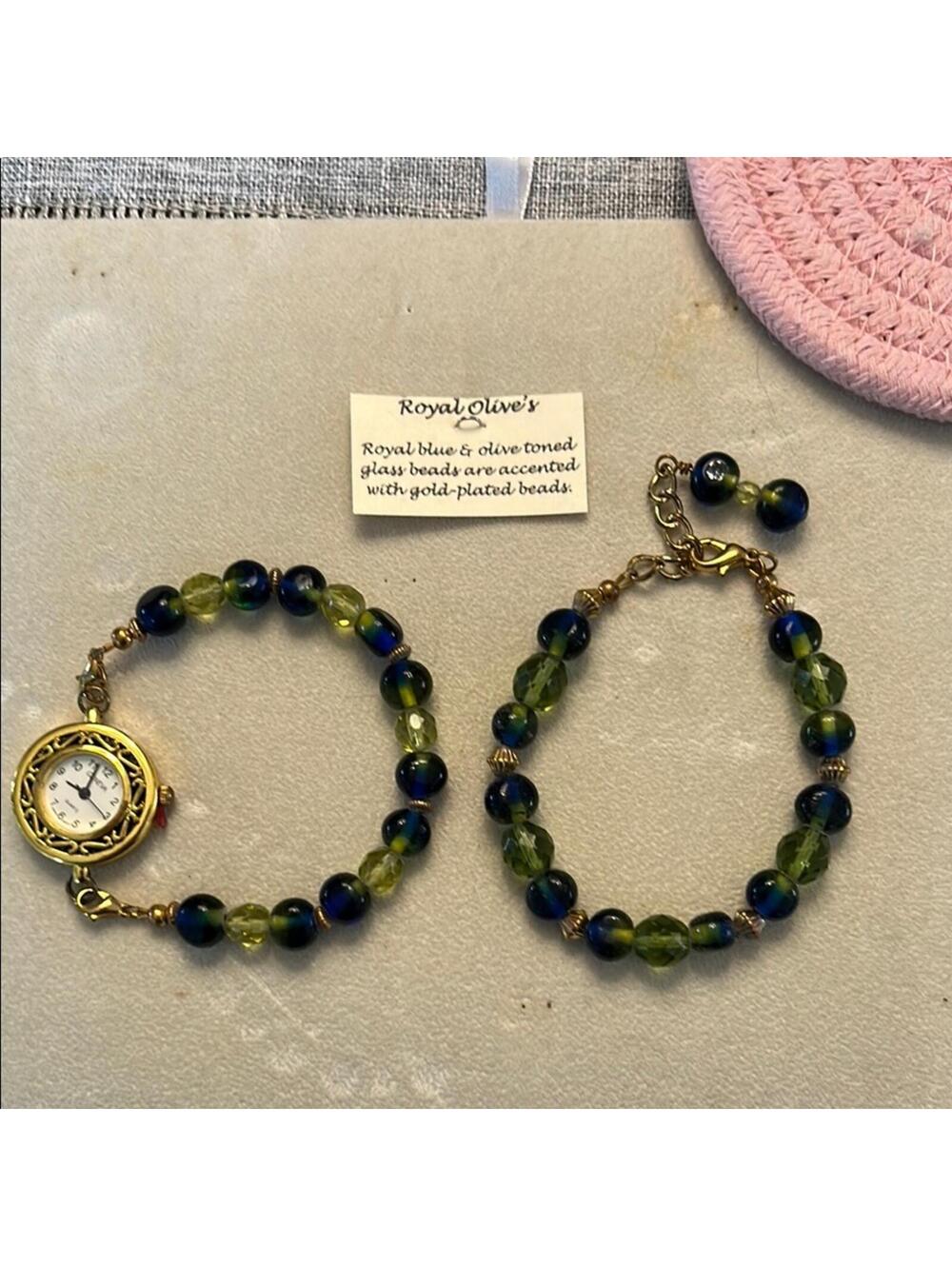 Watch & Bracelet Set w/elegant royal & olive glass beads & gold-plated accents.